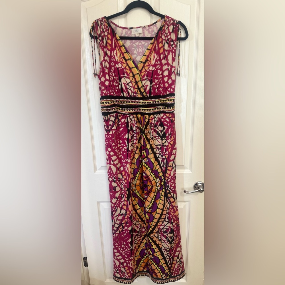 NWOT Women’s ECI Maxi Rouched Waist Pink Black‎ Print Stretch Dress. Size 10.